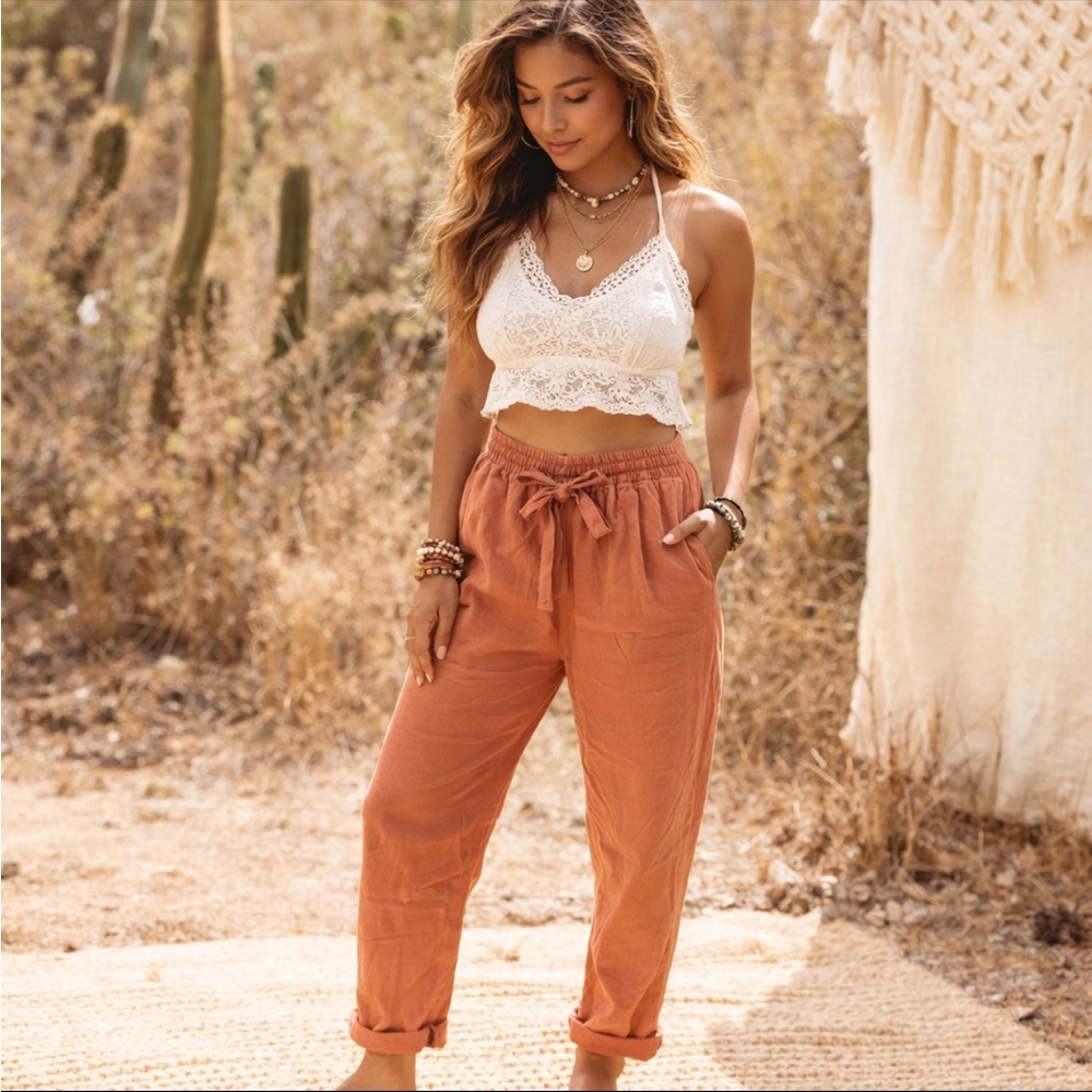 & Other Stories Rust Paper Bag Breezy Beach Vacation Boho Pants Size 8